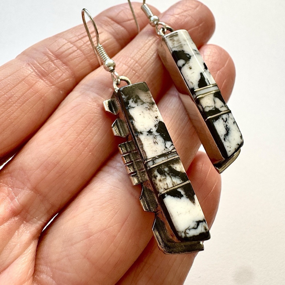Long Navajo White Buffalo Earrings 2" Sterling 925 Signed B Etcitty Native Amer - Picture 2 of 8